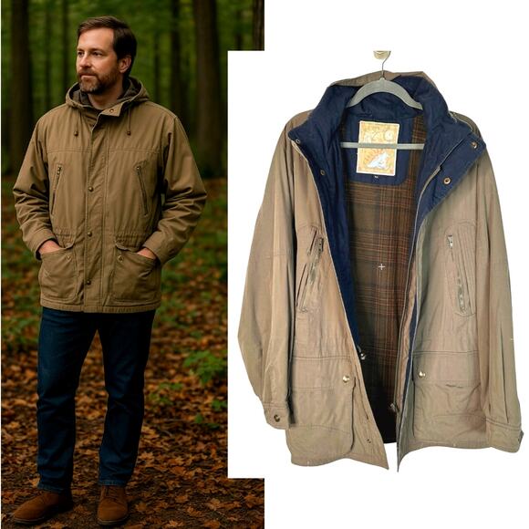 Huckberry Vintage L Canvas Chore Coat Hooded Barn Jacket UTex Plaid Khaki Tan - Picture 2 of 11